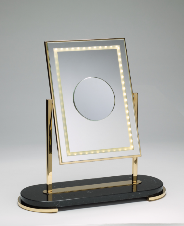 Free-standing rectangular mirror, double sided, one side with magnifying insert 3x, led, on marble base